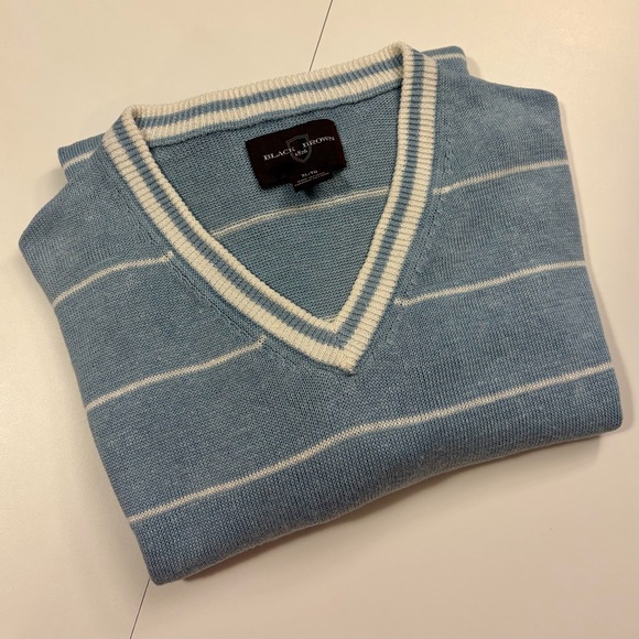 ⭐️ Unisex Black Brown 1826 Blue & White Striped Linen V-Neck Sweater - PTP 23 - Picture 3 of 6